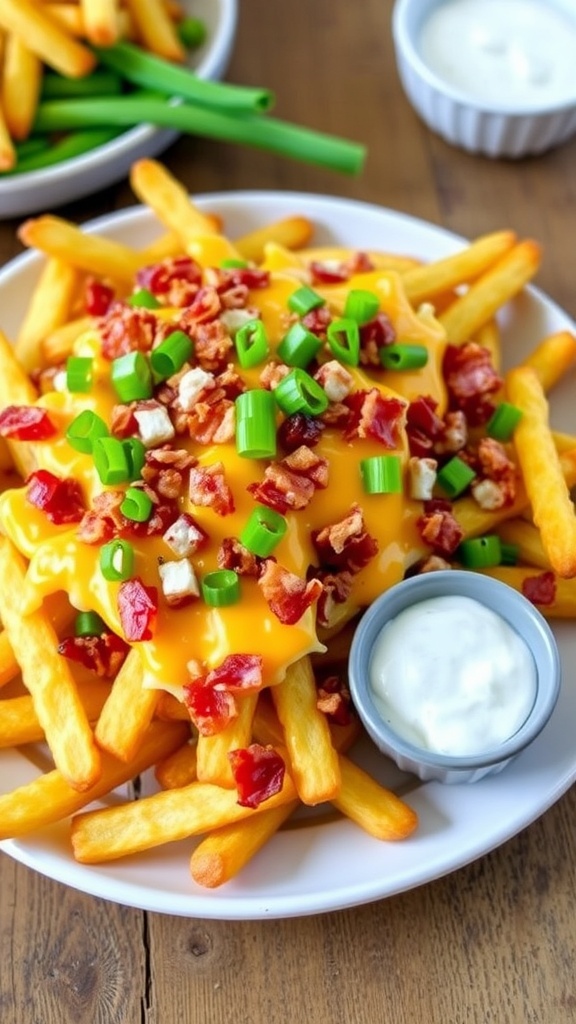 Loaded air fryer fries topped with cheese, bacon, and green onions on a wooden table with ranch dressing.